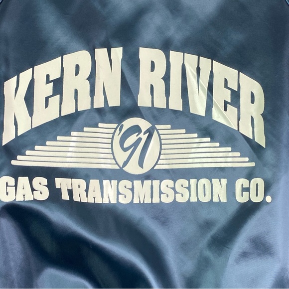 Vintage 1991 Navy Blue Satin Baseball Bomber Jacket Striped Trim XL - Picture 2 of 6